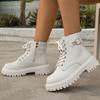 Fashion Buckel Thick Sole Ankle Boots Women Lace Up Punk Motorcycle Boots Woman Pu Leather Thicken Plush Short Booties Mujer
