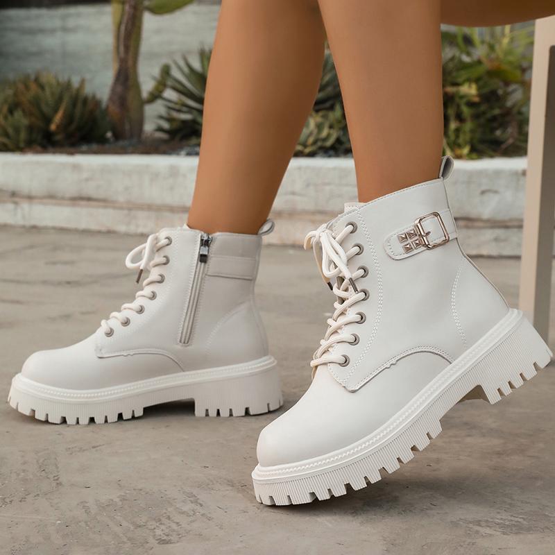 Fashion Buckel Thick Sole Ankle Boots Women Lace Up Punk Motorcycle Boots Woman Pu Leather Thicken Plush Short Booties Mujer