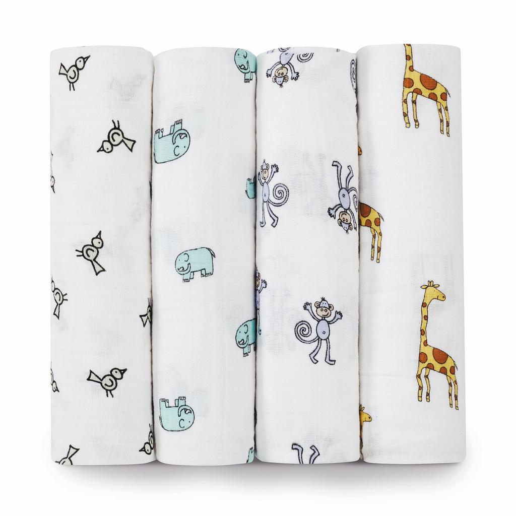 aden + anais Jungle Jam Swaddles, Set of 4, 120x120cm, Muslin Cotton Swaddles for Newborns, Perfect for Nighttime Crying, Baby Gift, SWADAB2026