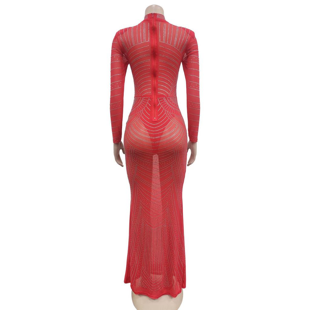 V-neck Long Sleeve Mesh Dress with Hot Drill Accents