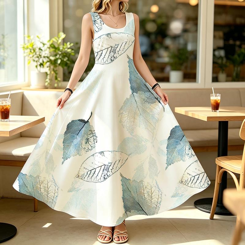 Women's Sleeveless Leaf Print Maxi Dress Summer Beach & Daily Commute,Loose Lightweight & Breathable,Versatile for Vacation & Casual Outings