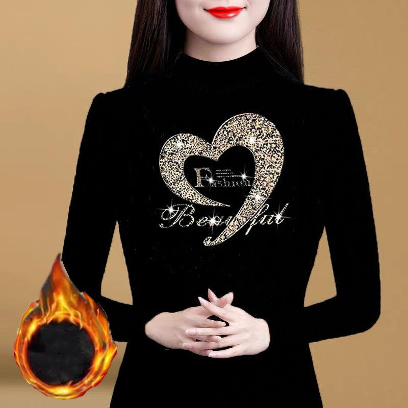 Autumn Winter Women Diamonds Fleece Black Slim T-Shirt Version Fashion Half High Neck Big Size Thicken Casual Long Sleeve Tops