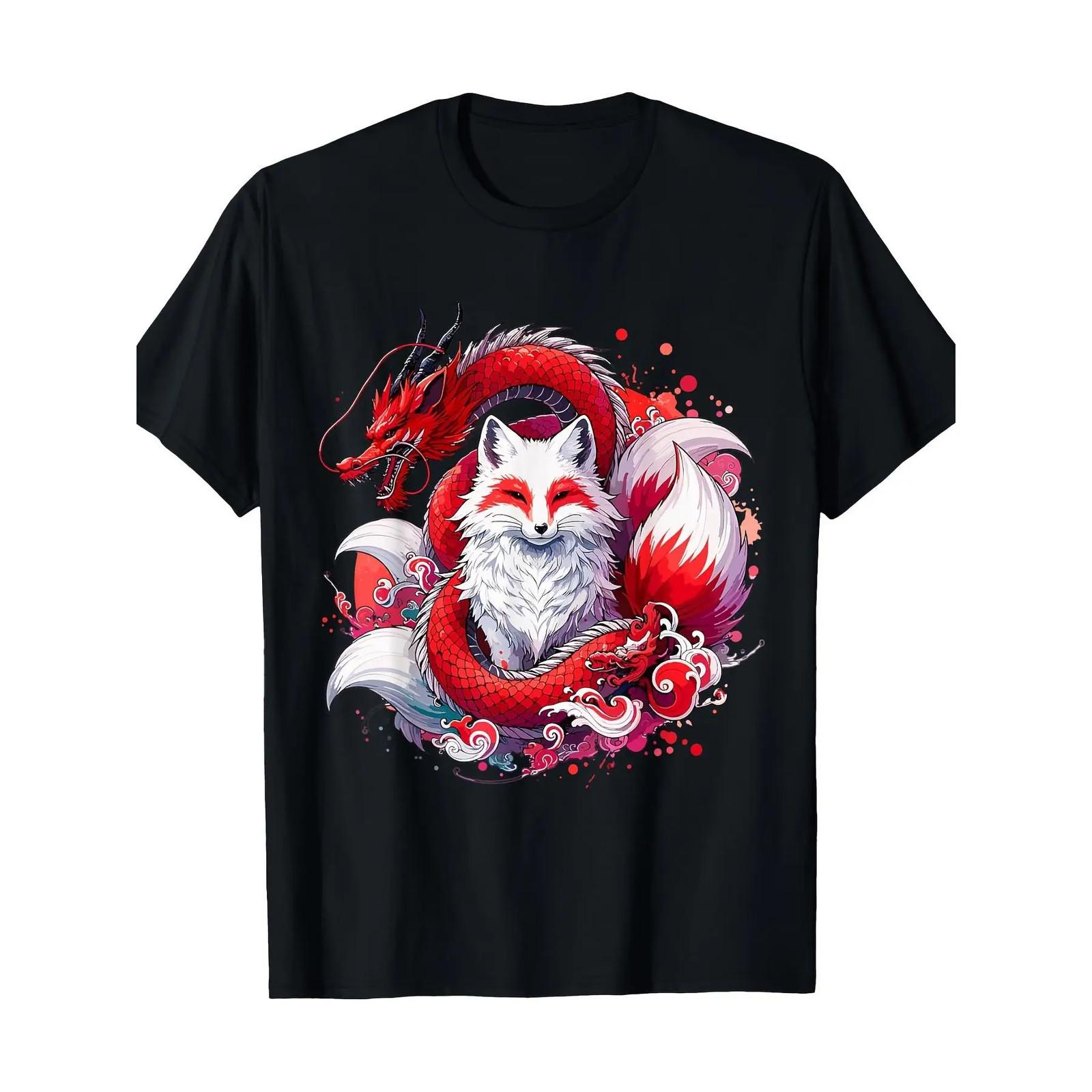 Nine-tailed Fox Kitsune Dragon Japanese 100% Cotton T-Shirt Y2k Outfits Men Time S разноцветный