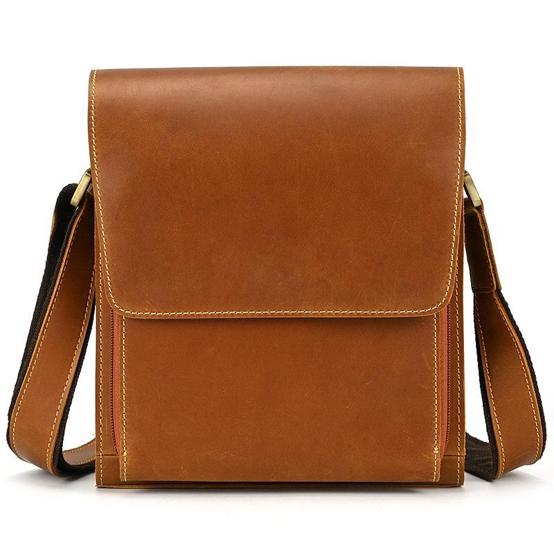 Men's Genuine Leather Shoulder Bag Crazy Horse Leather Messenger Bag Popular Retro First-layer Cowhide Flip Bag iPad Bag
