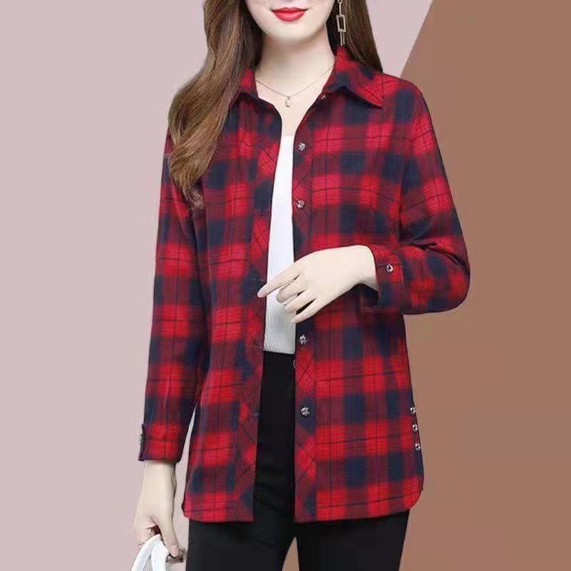 Spring Autumn Elegant Fashion Harajuku Plaid Tops Women Loose Casual All Match Lady Shirt Polo Button Long Sleeve Blusa