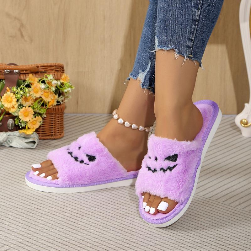 Fashion European and American Halloween Slippers 2024 Autumn and Winter Women's Flat Bottom Fluffy Slippers with A One Line Design Sense