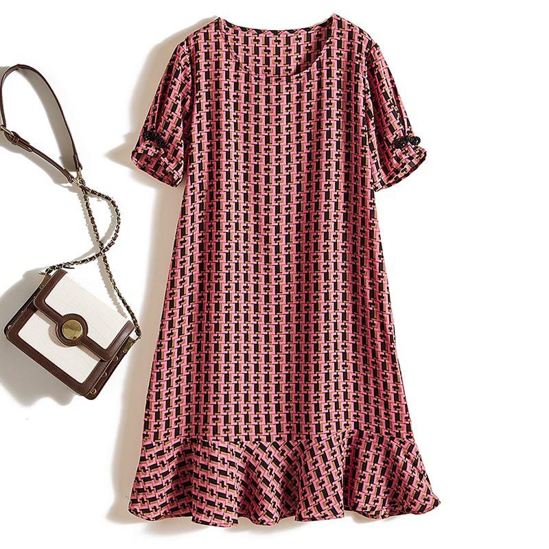 

Rhinestone Buckle Cuff! Ruili Goddess Summer Chiffon round Neck Pleat Fishtail White Dress Light and Breathable Pink 2XL