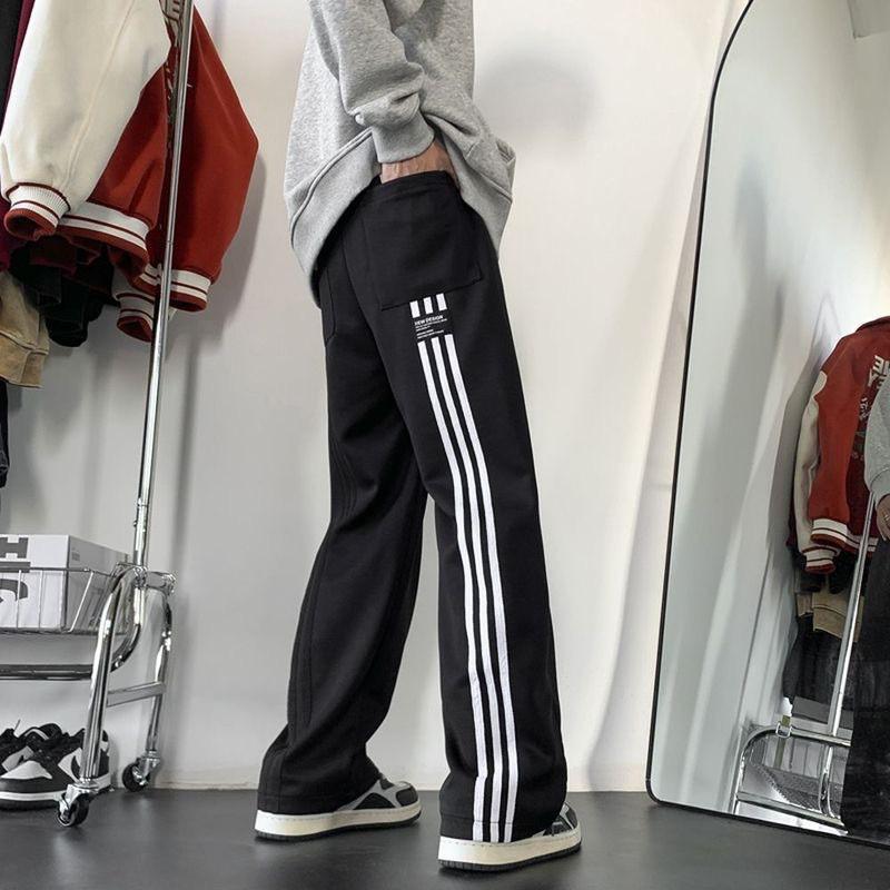 Mens Retro Straight Leg Sweatpants - American Style Loose Casual Pants Fall Striped Micro Elastic