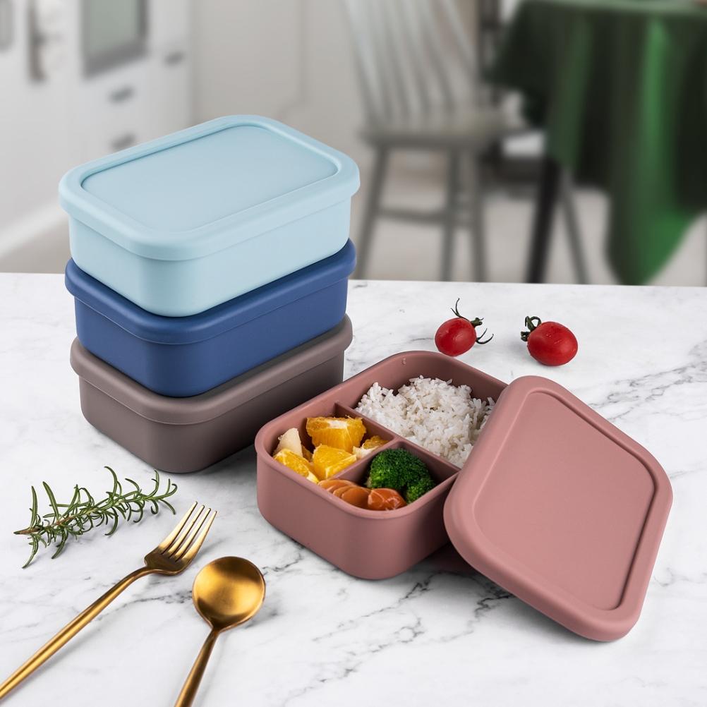 Silicone Bento Lunch Box Portable Reusable 3 Compartment Microwaveable Bento Box for Adult Kids