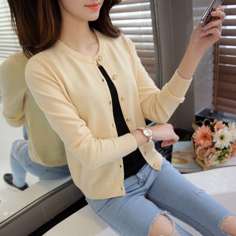 Autumn Winter Knitted Cardigan Women's Sweater Jacket 2025 Round Neck Long Sleeve Korean Version Thin Top Solid Color Casual Simple Outer Top Clothing