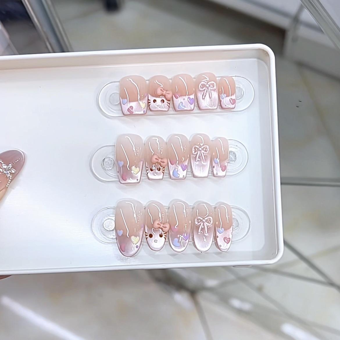 

Плетеный вручную бант-броня, расписанный вручную бант «Любовь», милый бант «Кошачий глаз Китти», патч для нейл-арта large L