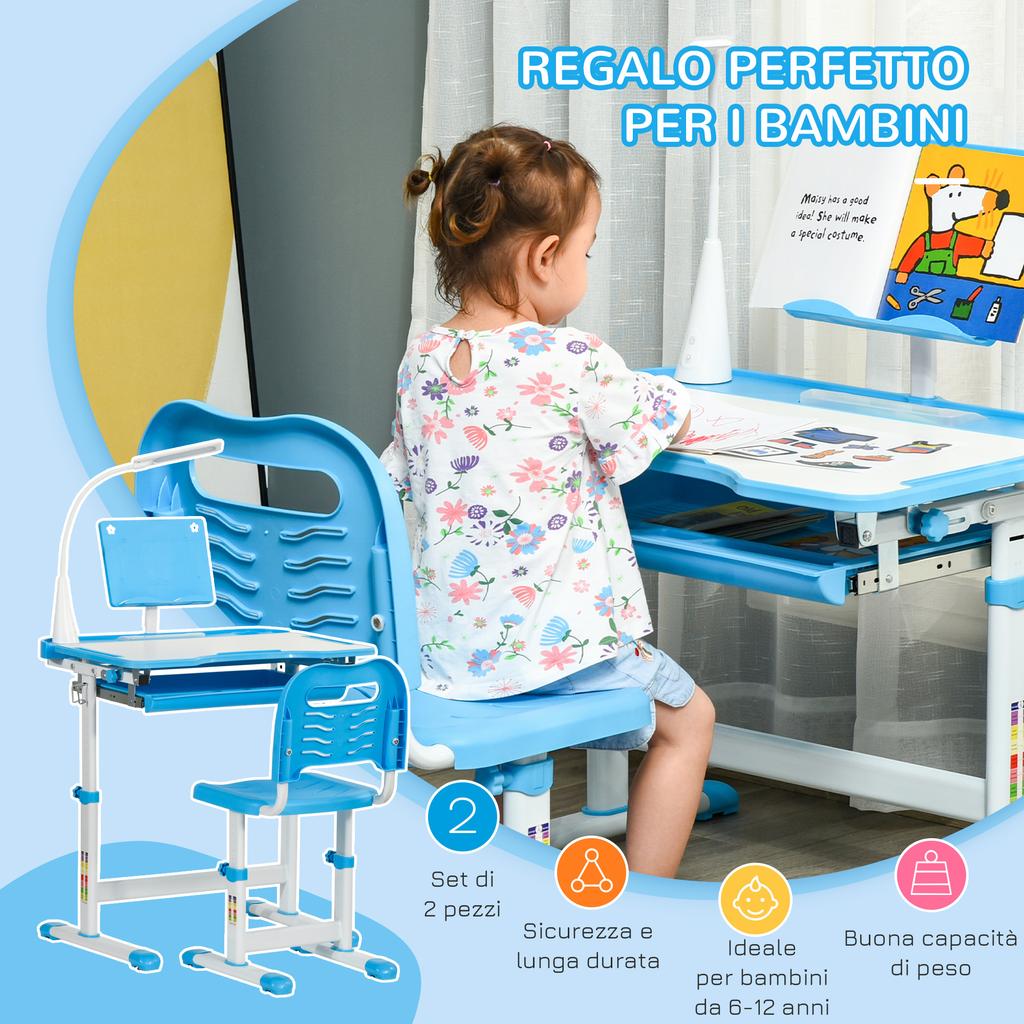 Scrivania e Sedia per Studio per Bambini con Altezza Regolabile, Contenitore, Cassetto, Blu