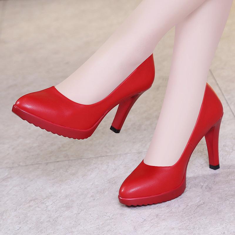 Size 32-43 New Women Leather Shoes Women High Heels Shallow Mouth Platform Pumps Fashion Black Career Work Office Ladies Shoes