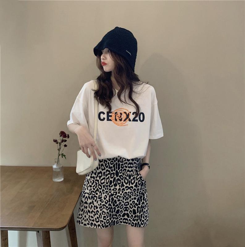 2024 Korean Summer Loose Round Neck Letter Print Mid-Length Casual Short Sleeve Women's T-Shirt