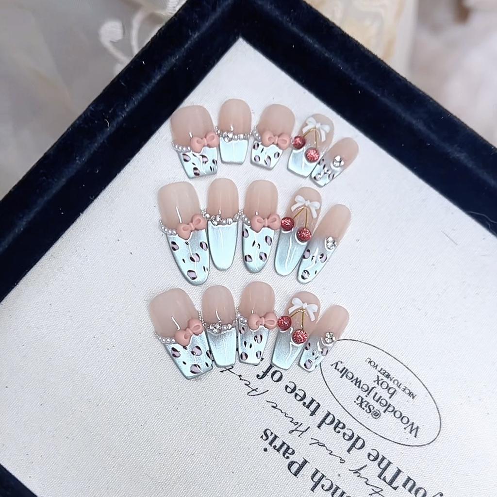 Hand-woven Armor Blue Cherry Three-dimensional Hand-painted Big Cherry Leopard Print Cat Eye Style Nail Art Patch