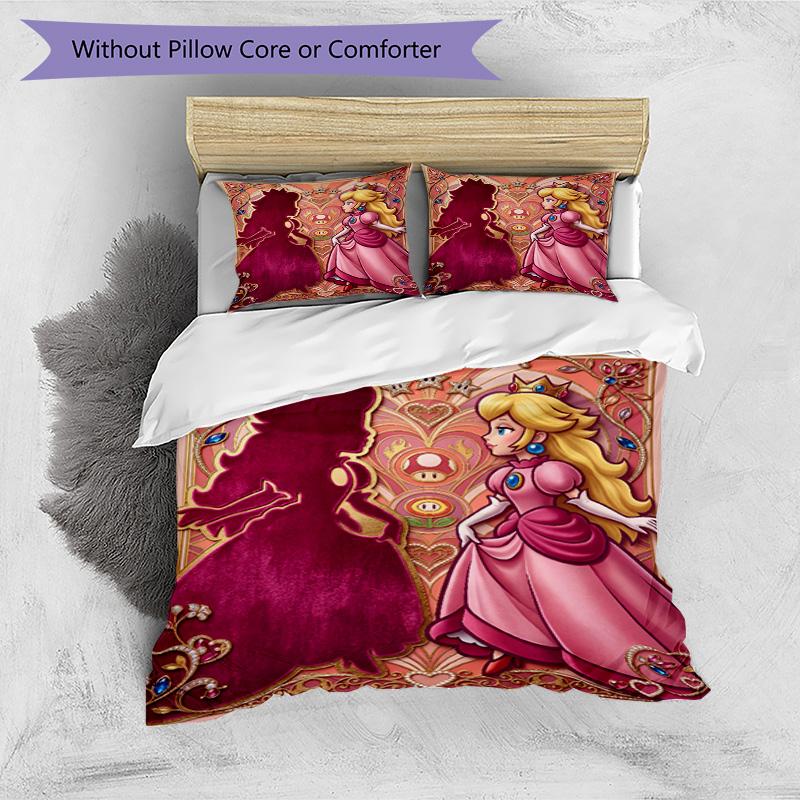 3pcs Duvet Cover Set (1*Duvet Cover + 2*Pillowcase, Without Core), Princess Peach Toadstool Print Bedding Set, Bedroom Decor, All‑Season, Birthday Gif