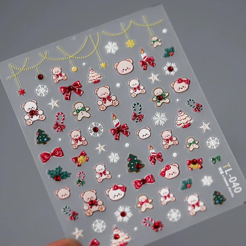 Cute Animals Bear Dog Cake Sweet Cherry Grid Bowknot Star Line Fruit Relief Self Adhesive Nail Art Stickers 5D Manicure Decals