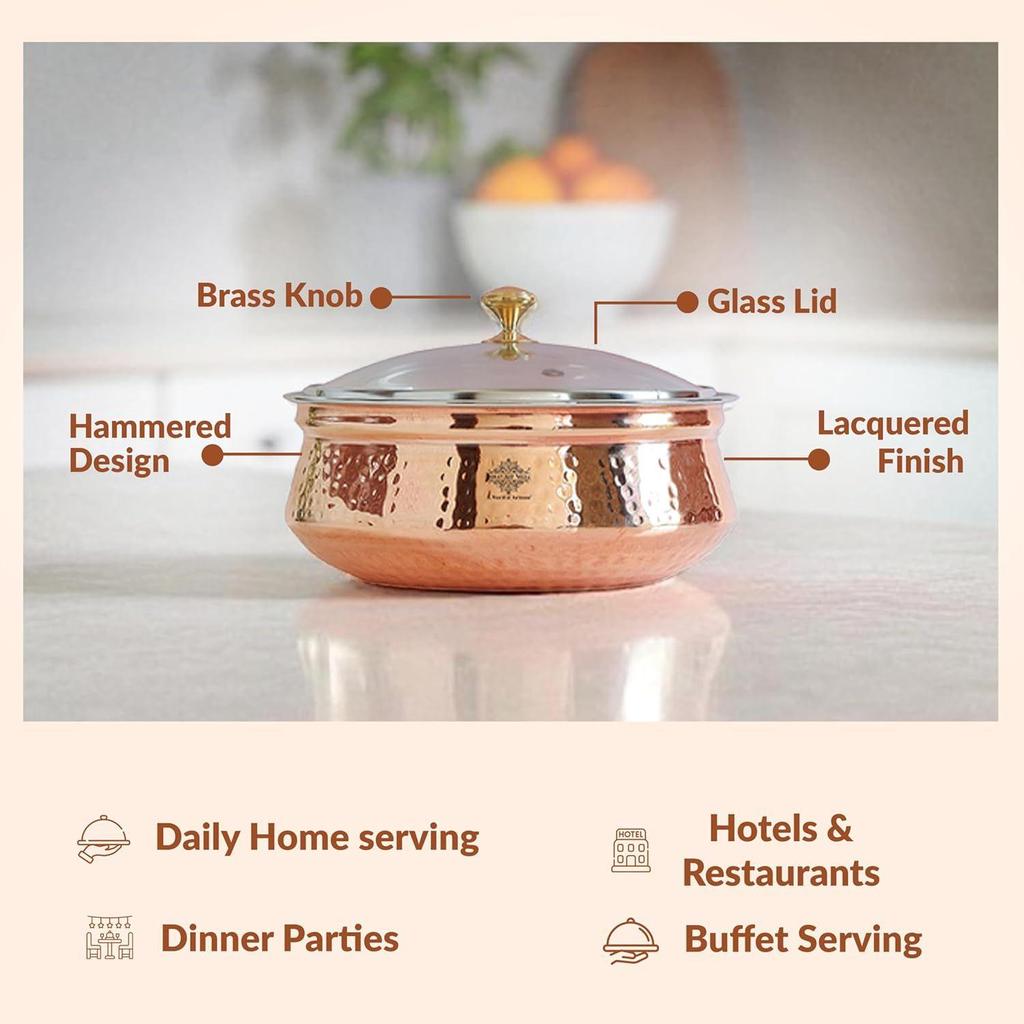 Steel Copper Serving Handi with Glass Lid, Serving Dishes Chicken Briyani Vegetables Home Hotel Restaurant Tableware, Volume - 800 ML (Pack of 1)