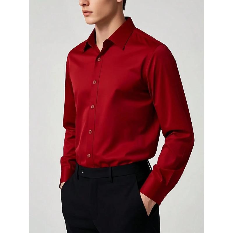 Men's Solid Red Long Sleeve Formal Dress Shirt for Business Office Wear