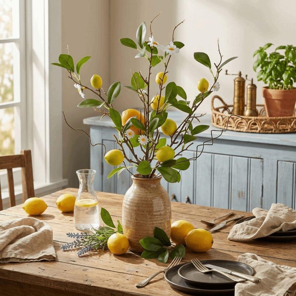 Plastic Artificial Lemon Branch with Flower Green Leaves Simulated Fruit Tree Realistic Faux Lemon Fake Floral Decor