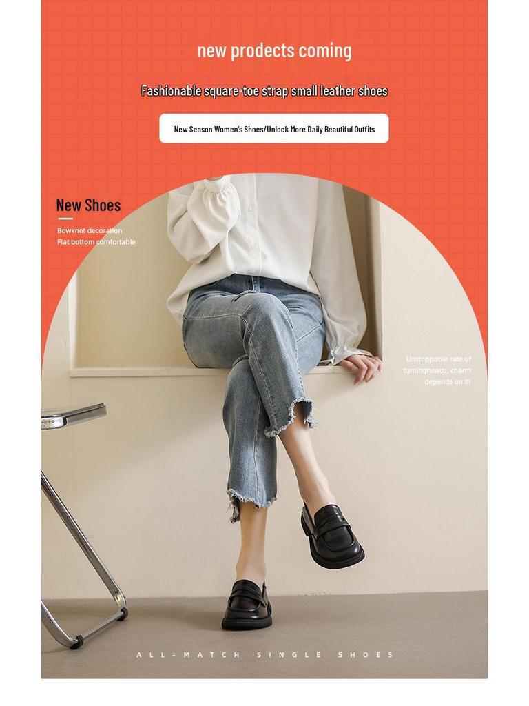 Women's Black British Style Leather Loafers: Thick Sole, Chunky Heel, Round Toe, Two-Wear Design - Spring 2025