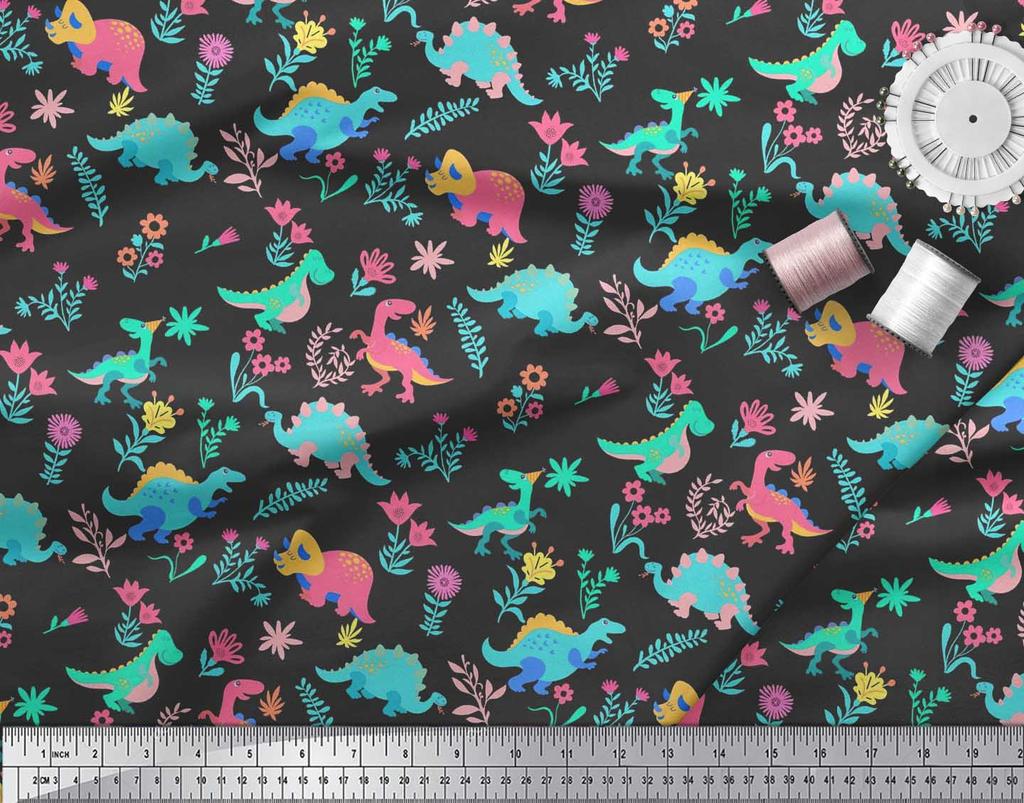Soimoi Black Japan Crepe Satin Fabric Aster Flower & Dinosaur Kids Print Fabric by Metre 42 Inch