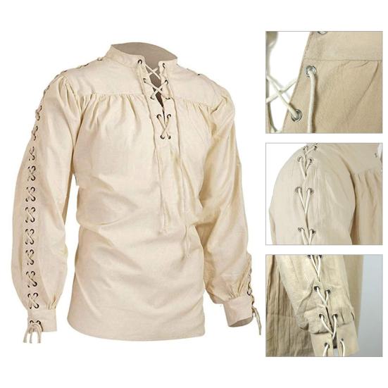 Shirt Stand Collar Solid Color Vintage Long Sleeve Drawstring Men Top for Stage