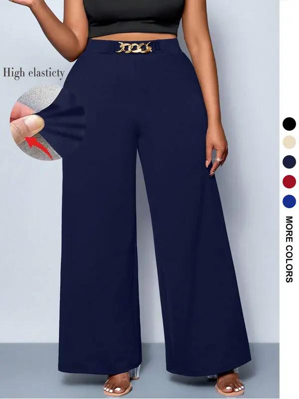 

European & American Women s Plus Size Wide-Leg Pants with Belt & Chain - Casual Commute Wear 5XL Темно-синій