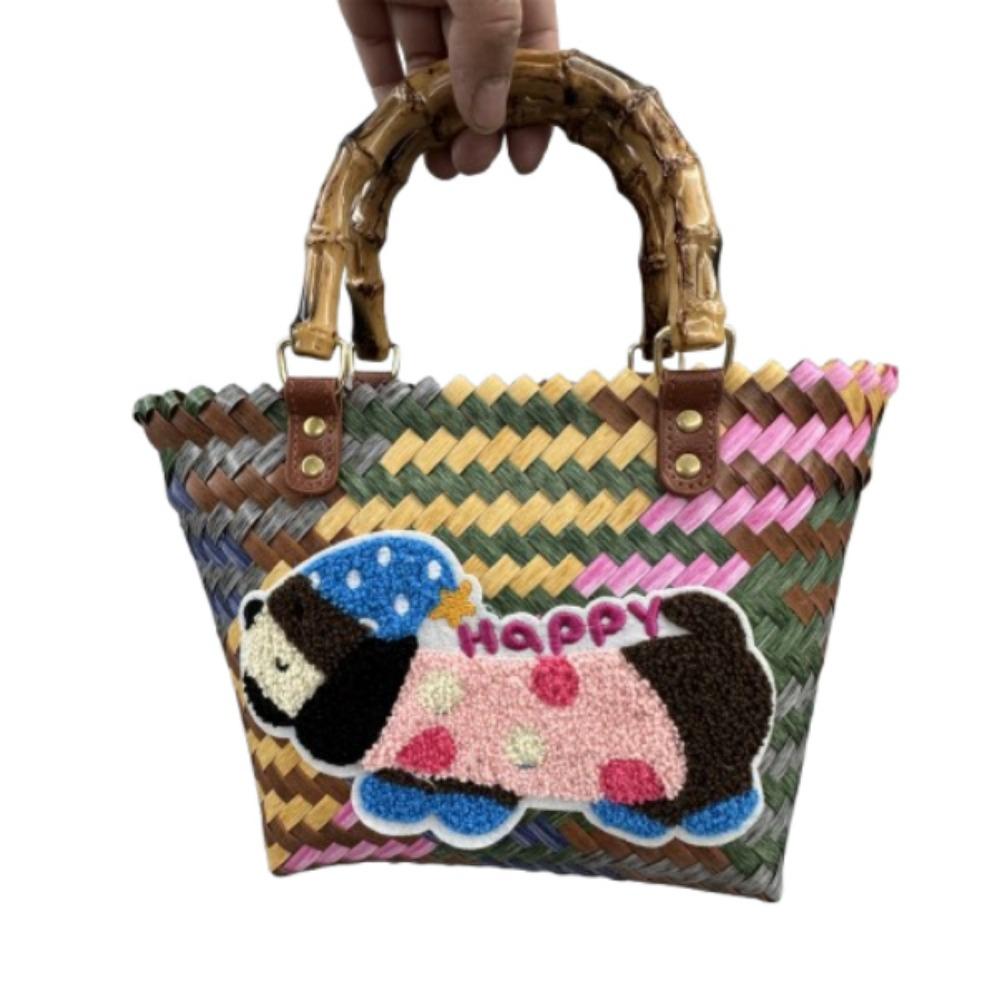 Puppy Pattern Retro Striped Woven Bag Bamboo Handle Summer Women's Handbag  Casual Shopping