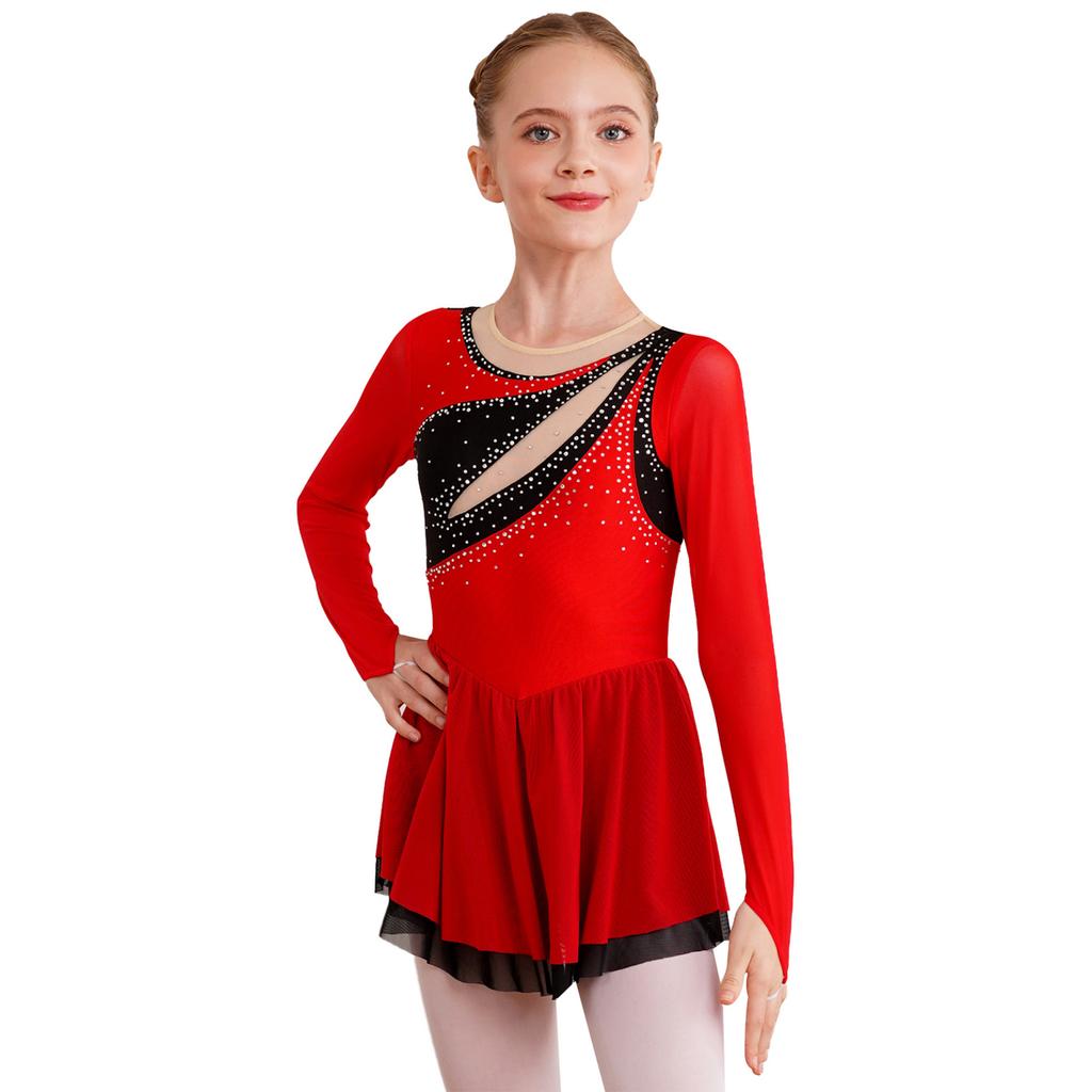 Kids Girls Color Block Dance Dress Glittery Rhinestone Sheer Mesh Long Sleeve Keyhole Back Figure Skating Dresses