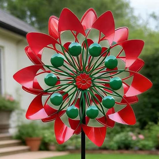 Rustproof Metal Garden Ornaments Flower Wind Spinner, 29.5" Spinner with Stake, Outdoor Rust Modern Balcony Decor Resistant Windmill, Yard Art