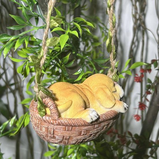 Dog Swing Ornament Cute Resin Puppy Sleeping in Woven Basket Statue Outdoor Hanging Decoration with Rope for Garden Patio Balcony Decor