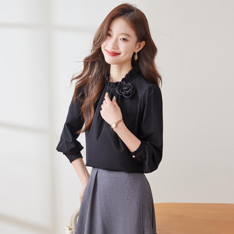 Women Ruffled Stand Collar Blouse Elegant Long Sleeve Office Shirt Decorative Flower Workwear Top S-3XL