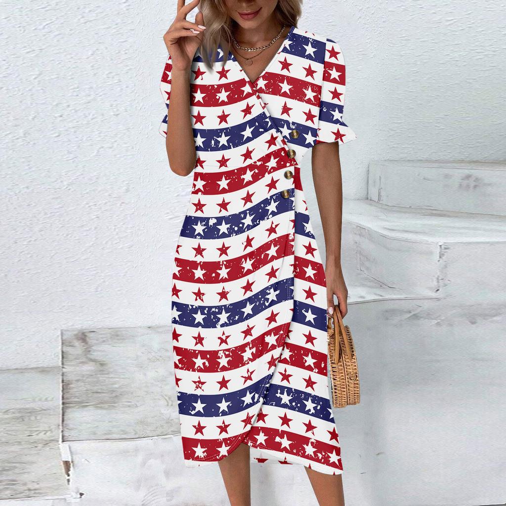 Strandkleider für Damen Frühling Sommer Elegant Wickel V-Ausschnitt Unabhängigkeitstag Print Kleid Fließend Gerafft Hawaiianisches Maxikleid