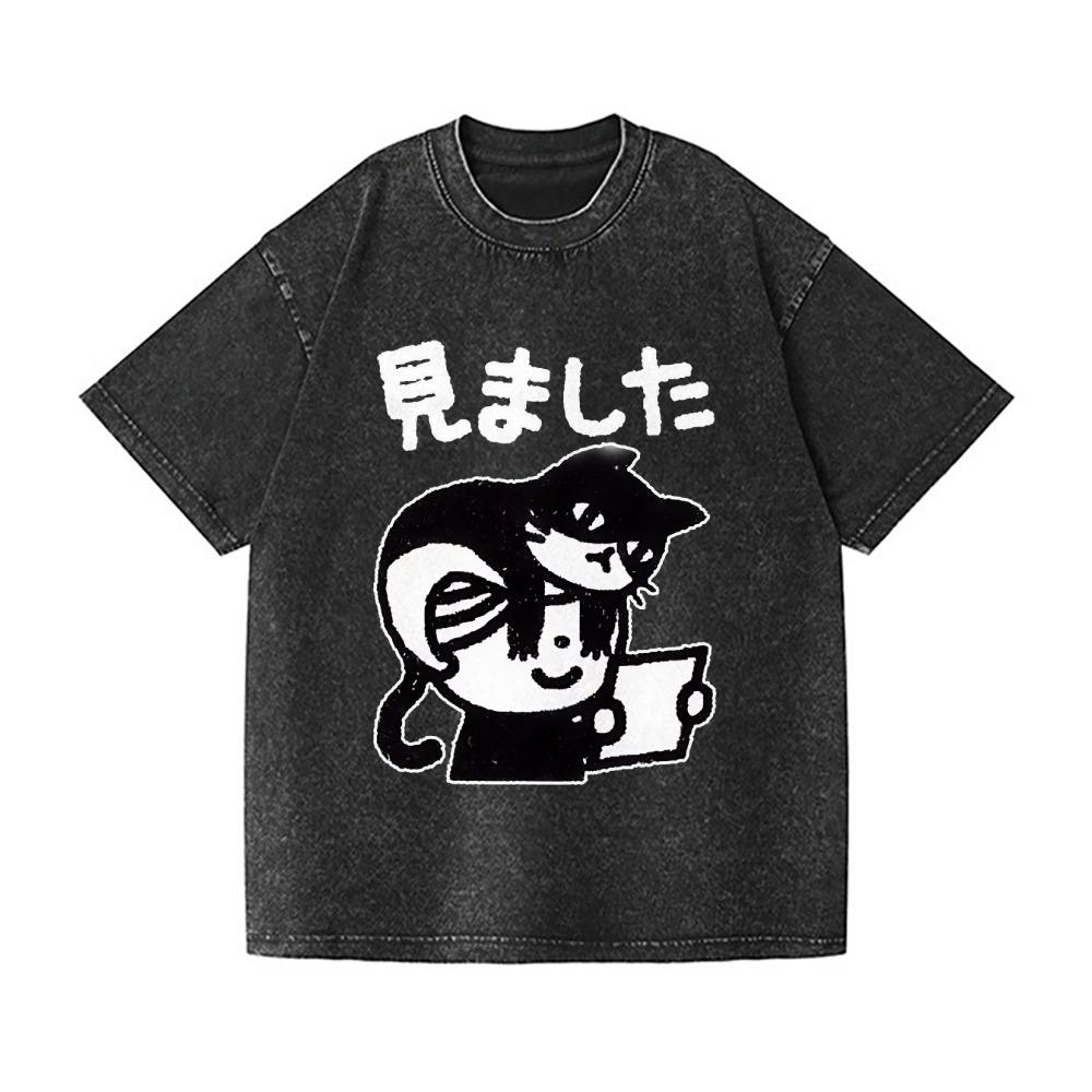 Harajuku Fashion Men's Washed T-shirts Vintage Cat Printing Japanese Design Tees Short Sleeve Round Neck Chic Hiphop Tops