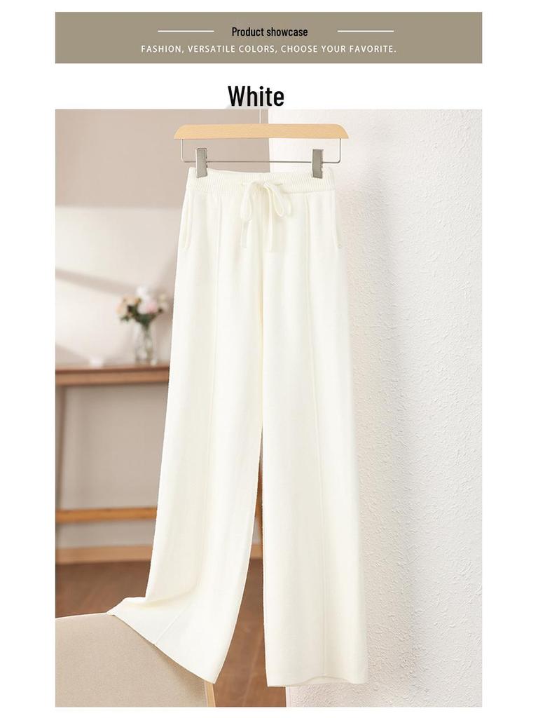 New White Wide-Leg Knitted Pants with Drawstring - Loose, Thickened, Plus Size for Autumn & Winter Casual Wear