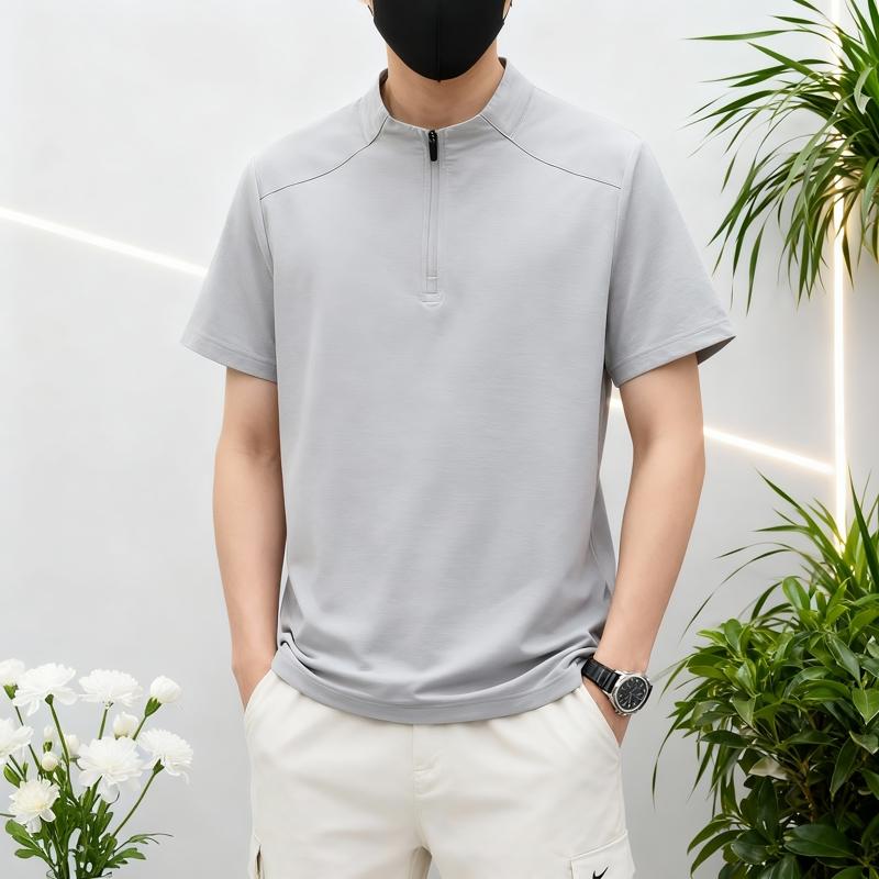 Men's Half Zip Short Sleeve Polo - Casual Stand Collar T-Shirt