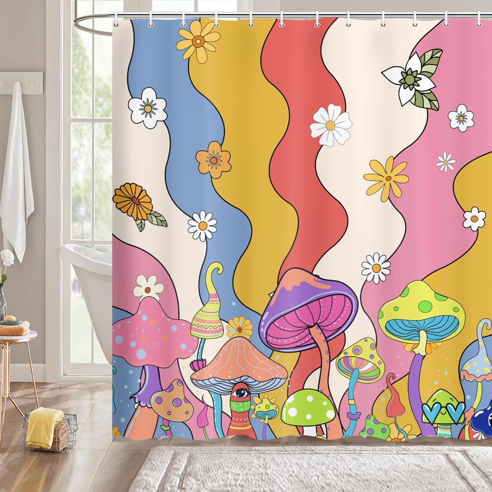 Pink Shower Curtain,Mushrooms Flower Floral Bath Curtain,Retro 70S Hippie Groovy Shower Curtains For Girls Bathroom Decor