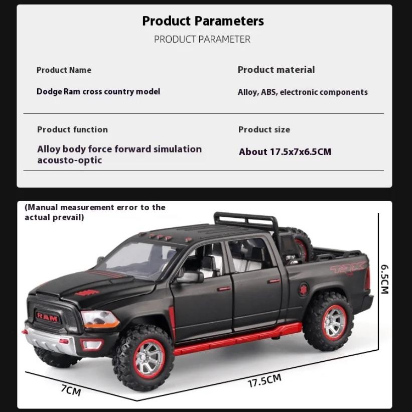 1/32 Scale Dodge RAM Pickup Truck Alloy Model with Sound, Light & Spring-Back Action - Kids' Toy for Adventurous Play