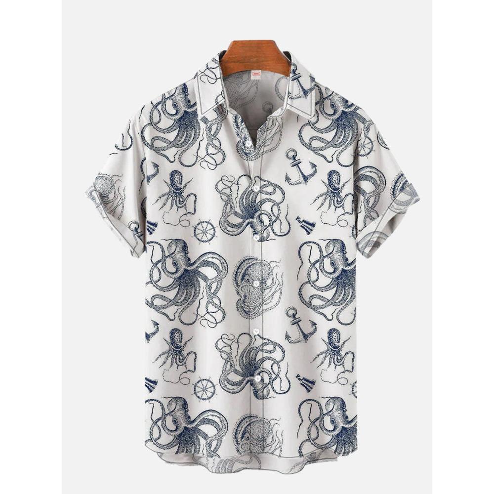 Octopus Print Men Hawaiian Shirt Summer Beach Short Sleeve
