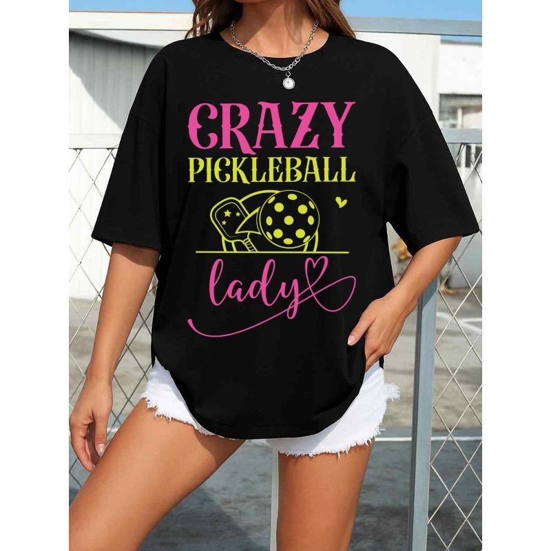Women'S 180gsm 100% Pickleball Tee - Crazy Pickleball Graphic & Neon Lettering Print, All-Season Casual Y T-Shirt For, Beach & Daily Wear
