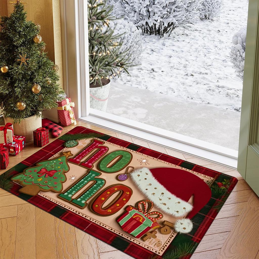 Candy Cane Christmas Mat Carpet,Red White Stripes Merry Christmas Lettering Non-Slip Thickened for Indoor Outdoor Entryway Decor