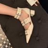 Internet Celebrity Thick Heel Bag Head Sandals Women's Roman Straps Shoes Middle Heel One Word with Rivets Pointed Shoes Hollow Single Shoes