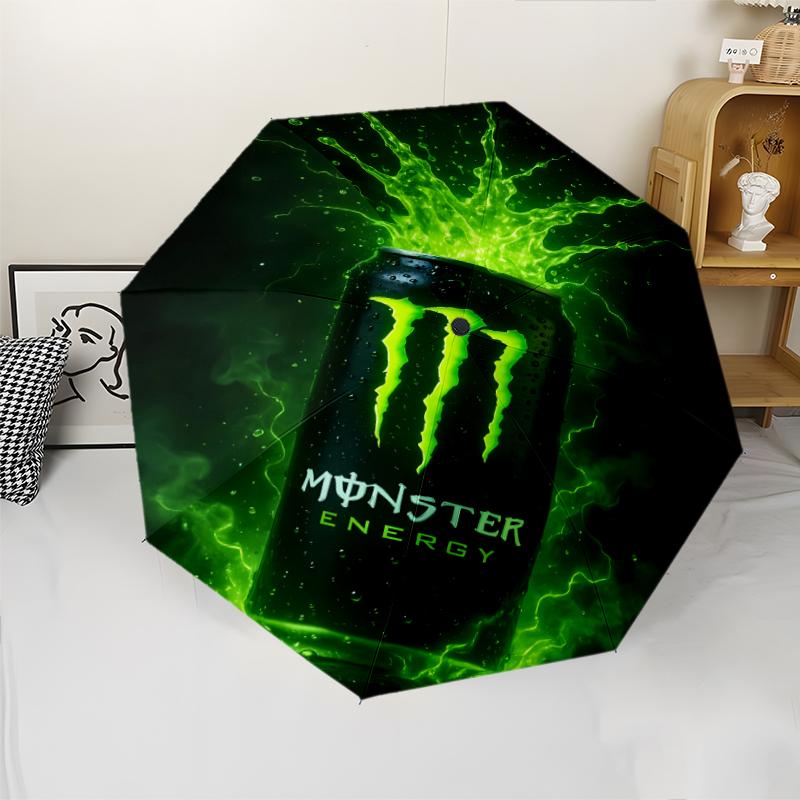 Monster Energy LOGO Print Automatic Umbrella, 8 Rib Iron Frame, Plastic Handle, Suitable for Outdoor Travel &Daily , Ideal Gift