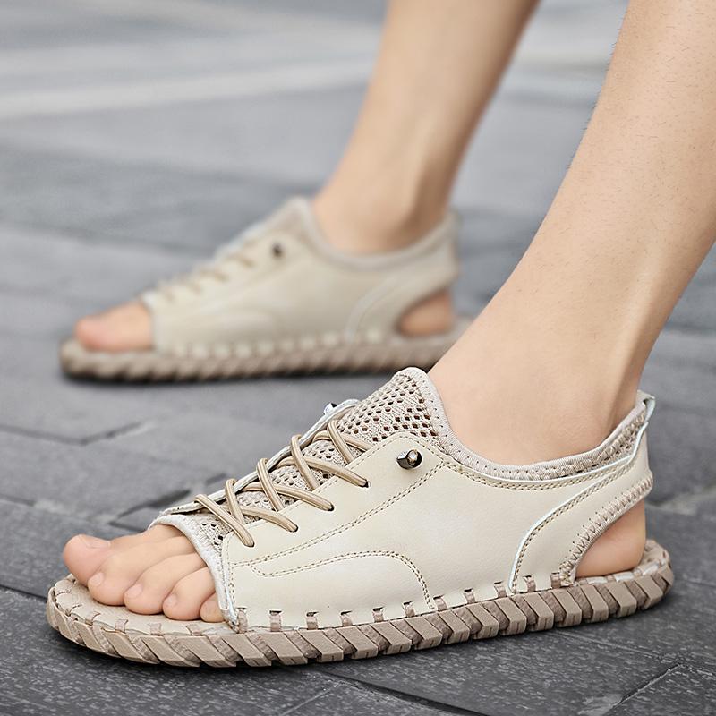 

Fashion men sandals Trendy Style Men s Casual Sports fashion Slippers handmade sewing Outdoor Breathable Open-Toe Sandals 6.5 бежевый