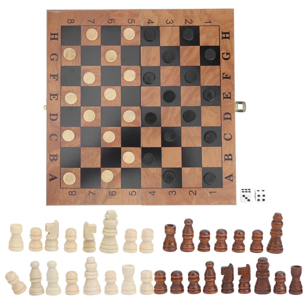 Wooden Box Chess Chessboard Checkers 3 in 1 Checkerboard with Chessman