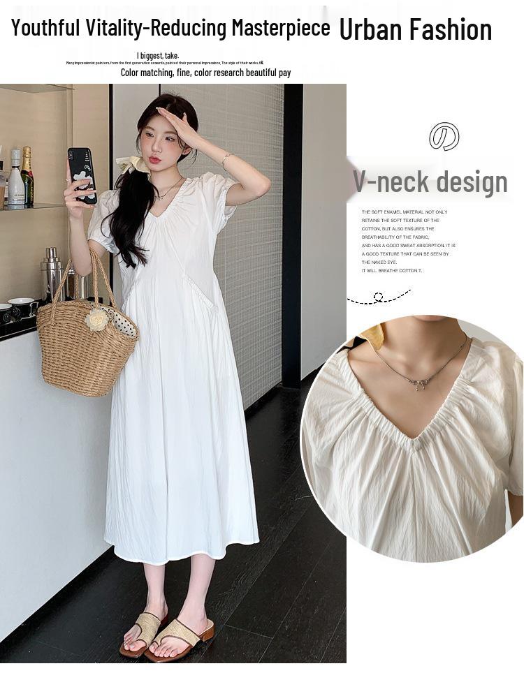 2026 Summer V-Neck Maternity Dress with Puff Sleeves - Slimming Design