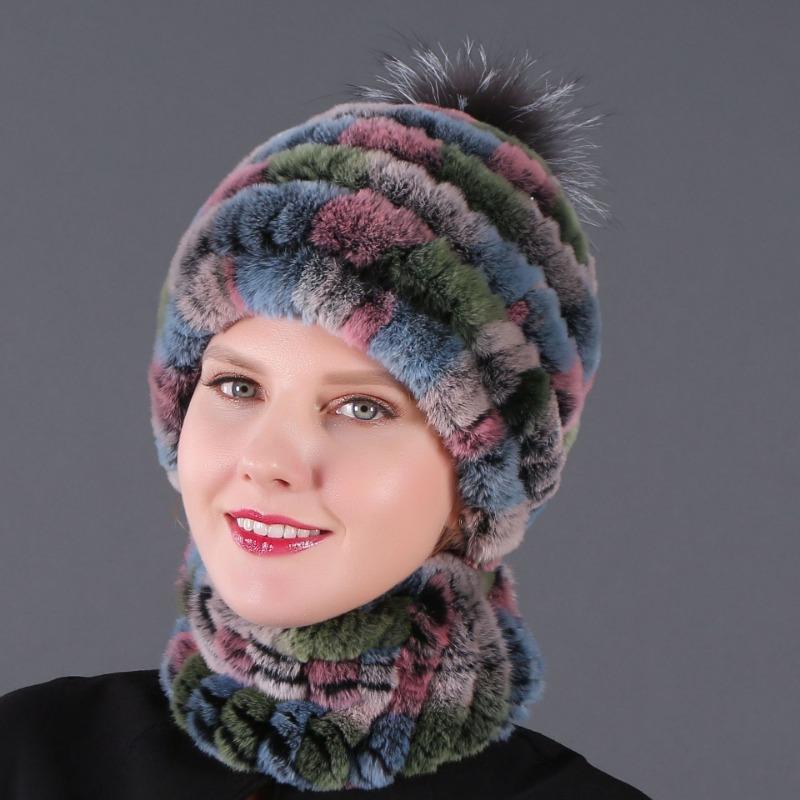 New hat scarf winter thickened thermal hat Rex rabbit fur grass Rex rabbit fur scarf two-piece set