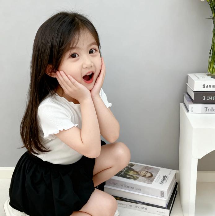 HD Korean Style Girls' Summer Striped Ruffle Trim Toddler Top - Sweet Candy Color Short Sleeve T-Shirt