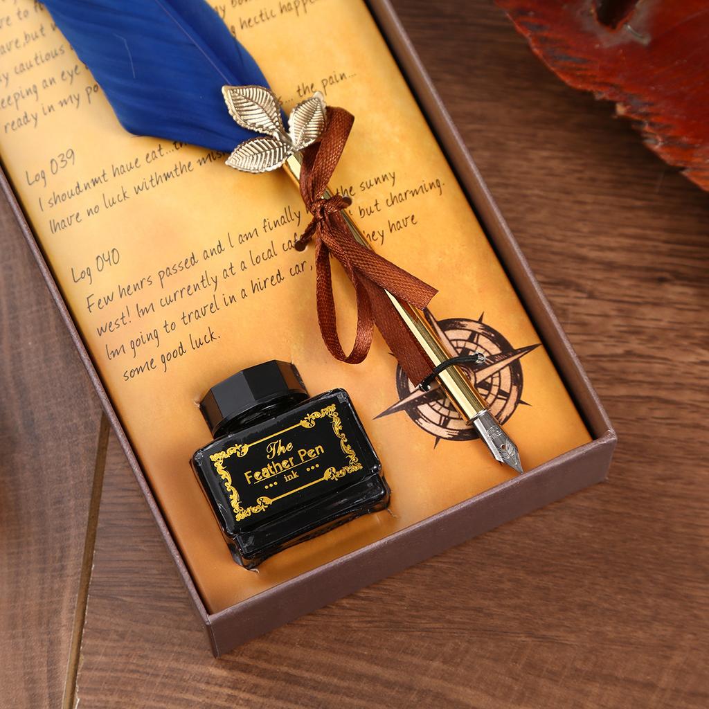 Retro Feather Dipped Pen Set, Solid Color Quill Pen Can Replace Nib Creative Holiday Gift